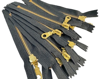 Sale 9pcs YKK#5 6" Golden Brass with Donut Pull Fancy Metal Zipper Closed-End for DIY Crafts or Handbag Made in USA - Color Black (580W)