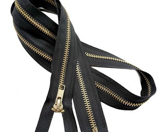 2PCS JN #5 Medium Weight Metal Jacket Zippers One-Way Separating, Open-End Auto Pull - Tape Color: Black, Choose Finish Teeth and Length