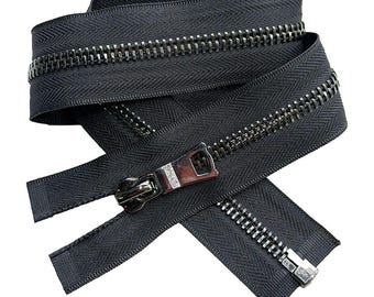 JN #8 Shiny Gunmetal with Fancy Long Pull Separating, Open-End Heavy Weight Jacket Zipper Tape Color Black JN#580 - Choose Length