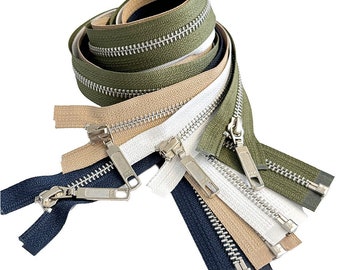 Sale 4pcs YKK #5 36" Aluminum with Sports Drop Fancy Pull Medium Weight Separating Metal Jacket Zipper - Navy, Cedar Green, Lt Beige, White