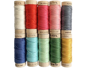 Aurifil Thread Kit - Colorful Vintage Designer Collection 10 Small Wooden Spools AURIFLOSS (18 yds each) Assorted Colors Made in Italy