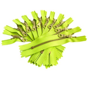 Crafter&#39;s Special Metal Teeth Zippers- YKK Golden Brass Donut Pull 4.5s Closed-End 4&quot;, 7&quot; or 9&quot; Color Party Bright Green (535W)