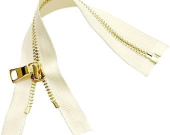 Jacket Zipper JN #5 Shiny Golden Brass Metal with Fancy Long Pull Medium Weight Separating, Open-End - Choose Length and Color