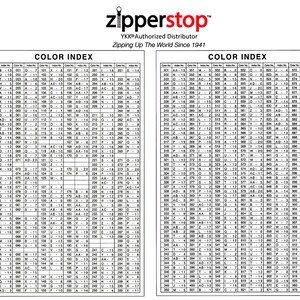 May include: A color index chart for zippers, showing a variety of colors and their corresponding numbers. The chart is titled "Color Index" and is divided into two sections, one for each side of the zipper. The chart is from YKK, a zipper manufacturer, and states "Zipping Up The World Since 1941".