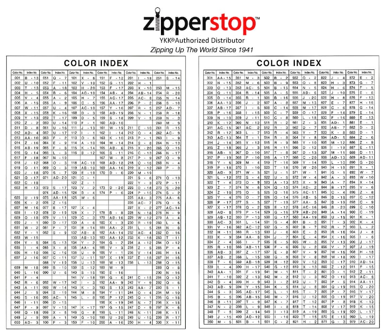 May include: A color index chart for zippers, showing a variety of colors and their corresponding numbers. The chart is titled "Color Index" and is divided into two sections, one for each side of the zipper. The chart is from YKK, a zipper manufacturer, and states "Zipping Up The World Since 1941".