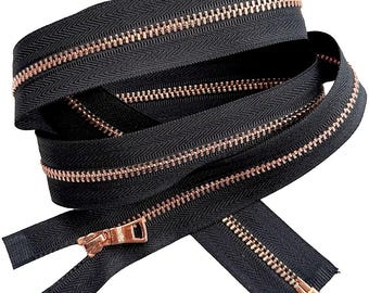 JN #3 Shiny Rose Gold Metal with Fancy Long Pull Separating, Open-End Light Weight Jacket Zipper Tape Color Black JN#580 - Choose Length
