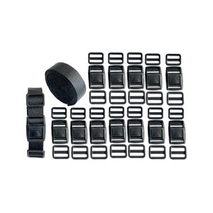 May include: A set of black plastic buckles and straps. The set includes 20 buckles, 10 of which are slider buckles and 10 of which are standard buckles. The set also includes two black straps.
