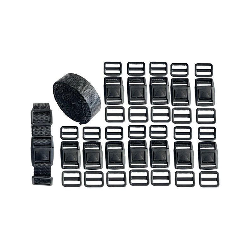 May include: A set of black plastic buckles and straps. The set includes 20 buckles, 10 of which are slider buckles and 10 of which are standard buckles. The set also includes two black straps.