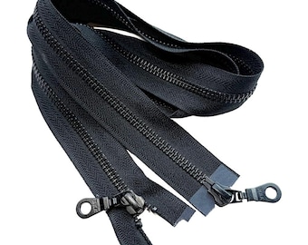 YKK #5 Black Oxide Two-Way Medium Weight Metal Jacket Zipper Doughnut Drop Pull Separating, Open-End - Tape Color: Black - Choose Length