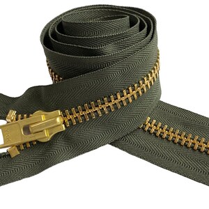 YKK 10 5 to 36 Golden Brass Metal Extra Heavy Duty Separating Coat Jacket Zippers Made in The United States Choose Colors Length 567 - Olive Green