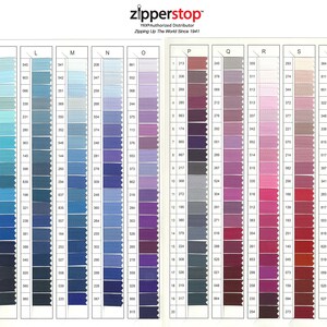 May include: A color chart of zipper tape samples, organized by color. The chart is labeled with letters from K to T, and numbers from 1 to 20. Each sample is a small rectangle of zipper tape, with a number and letter designation.