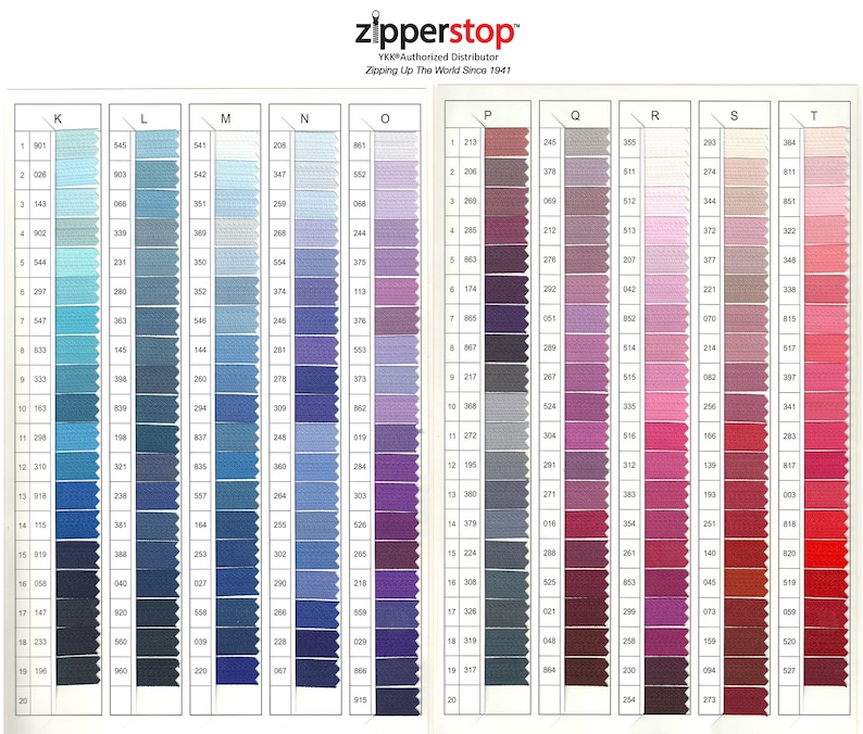 May include: A color chart of zipper tape samples, organized by color. The chart is labeled with letters from K to T, and numbers from 1 to 20. Each sample is a small rectangle of zipper tape, with a number and letter designation.