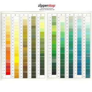 May include: A color chart with 20 rows and 10 columns of small fabric swatches. The swatches are arranged in a rainbow pattern, starting with red and ending with blue. The chart is labeled with letters A through J at the top and numbers 1 through 20 on the left side. The text "zipperstop&trade;" is at the top of the chart, with the text "YKK Authorized Distributor" and "Zipping Up The World Since 1941" below it.