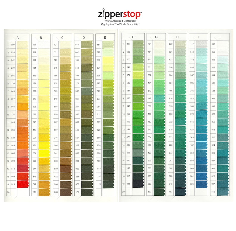 May include: A color chart with 20 rows and 10 columns of small fabric swatches. The swatches are arranged in a rainbow pattern, starting with red and ending with blue. The chart is labeled with letters A through J at the top and numbers 1 through 20 on the left side. The text "zipperstop&trade;" is at the top of the chart, with the text "YKK Authorized Distributor" and "Zipping Up The World Since 1941" below it.
