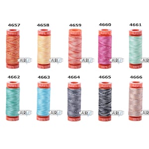 May include: A set of ten spools of 100% cotton thread in various colors, including orange, yellow, pink, green, blue, gray, and beige. Each spool is labeled with the Aurifil brand name and a number from 4657 to 4666.