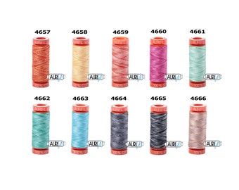May include: A set of ten spools of 100% cotton thread in various colors, including orange, yellow, pink, green, blue, gray, and beige. Each spool is labeled with the Aurifil brand name and a number from 4657 to 4666.