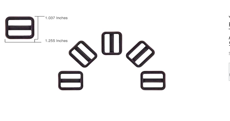 Puede incluir: Seis hebillas deslizantes de pl&aacute;stico negro, cada una mide 2,63 cm por 3,19 cm. Las hebillas est&aacute;n dispuestas en forma de semic&iacute;rculo.