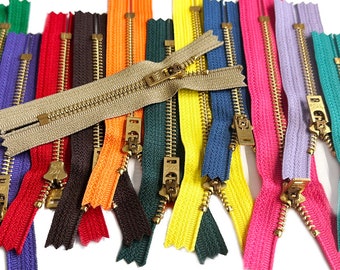 2pcs YKK#5 Brass Jean Zipper with Semi-Automatic Lock (Press) Pull Metal Closed-End Made in USA - Choice of Colors and Length 7", 9" or 11"