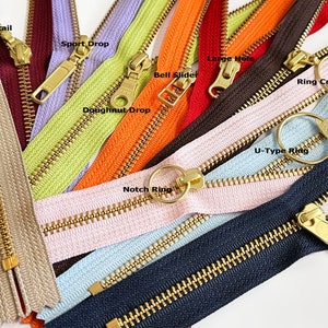 YKK#5 14&quot; Golden Brass with Fancy Pull Metal Zipper Closed-End for Jacket Pocket, DIY or Handbag Made in USA -Choose Colors and Slider