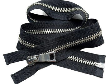 JN #8 Shiny Nickel Metal with Fancy Long Pull Separating, Open-End Heavy Weight Jacket Zipper Tape Color Black JN#580 - Choose Length