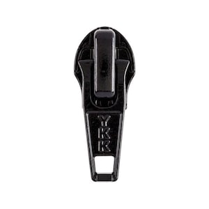 May include: Black zipper pull with a YKK logo. The pull has a rectangular shape with a small hole at the bottom.