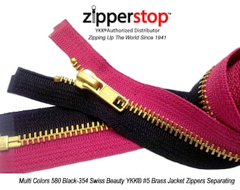 May include: Two zipper tapes, one black and one pink, with gold metal teeth and a gold metal slider. The zipper tapes are labeled "Multi Colors 580 Black-354 Swiss Beauty YKK® #5 Brass Jacket Zippers Separating".