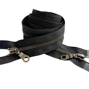 YKK #5 37&quot; - 48&quot; Antique Brass Dual Two-Way with Fancy Doughnut - Doughnut Pulls Metal Separating Jacket Zipper Made USA Beige or Black