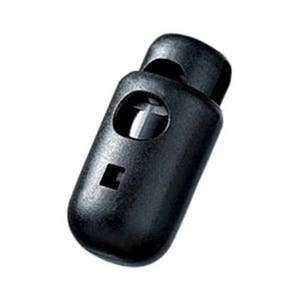 May include: Black plastic cord lock with a small rectangular opening. The cord lock is designed to secure cords or straps.