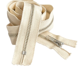 100 % Dyable Natural Cotton Tape YKK #5 Nickel Metal Zipper Auto Lock Slider Closed End Made in The United States Available Length 4" - 36"