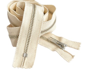 100 % Dyable Natural Cotton Tape YKK #5 Nickel Metal Zipper Auto Lock Slider Closed End Made in The United States Available Length 4" - 36"