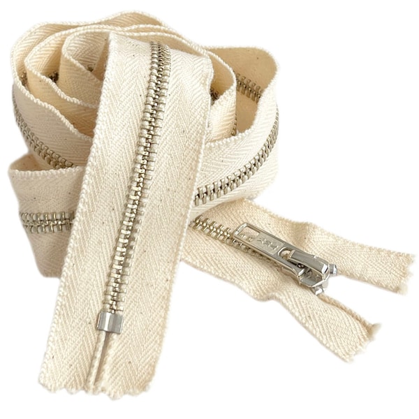 100 % Dyable Natural Cotton Tape YKK #5 Nickel Metal Zipper Auto Lock Slider Closed End Made in The United States Available Length 4" - 36"