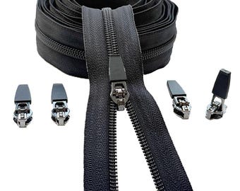 JN #5 Nylon Coil Continuous Zipper with Antique Silver Semi-Automatic Lock Black Rubber Pull for Tailor Craft Bag (5 Yds and 5pcs Sliders)