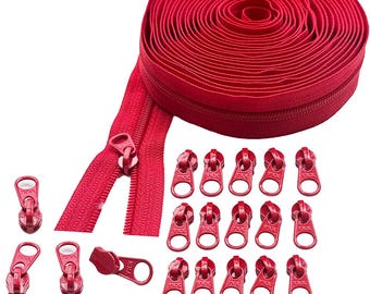 YKK#3 Nylon Coil Continuous Zipper Chain by The Yard Make-A-Zipper 5 Yds and 20 DFW Short Pulls (Non-Lock Slider) for Crafts - Choose Color