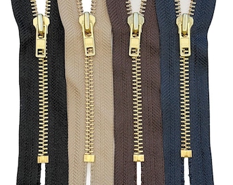 YKK #7 Brass Non-Separating, Closed-End Heavy Duty Metal Zipper Auto Pull (1 Zipper) for Sewing - Select Color and Length 4" - 34"