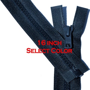 One 16 inch Vislon Jacket Zipper YKK 5 Molded Plastic Medium Weight  Separating Bottom - Select Length and Color