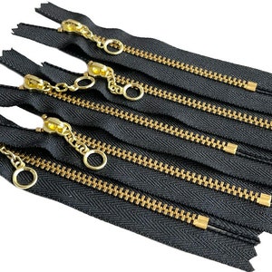 Crafter&#39;s Wholesale YKK Metal Teeth Zippers Brass with Chain Ring Pull  4.5s Closed-End 3&quot; - 14&quot; Black, White for Handbag Pouch Made in USA