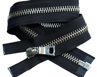 JN #10 Shiny Nickel Metal with Fancy Long Pull Separating, Open-End Heavy Weight Jacket Zipper Tape Color Black JN#580 - Choose Length