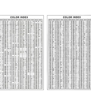 May include: Two-page spread of a color index chart with numerous entries. Each entry includes a color code, index number, and other data, likely for reference or matching purposes. The chart is black and white.