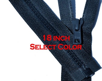 One 18 inch Vislon Jacket Zipper YKK 5 Molded Plastic Medium Weight  Separating Bottom - Select Length and Color