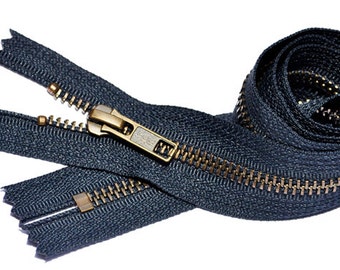 24 inch Antique Brass Zipper Medium Weight YKK 5  Closed End - Color 560 Navy