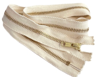 100 % Dyable Natural Cotton Tape YKK #5 Brass Metal Zipper Auto Lock Slider Closed End Made in The United States Available Length 4" - 36"