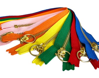 5 unidades de cremallera YKK #5 de 6" de latón dorado con tirador de anilla (sin bloqueo) de extremo cerrado para bolsos o estuches pequeños de bricolaje.