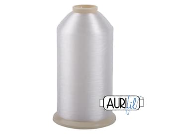 May include: A spool of white thread with a clear plastic container and a white label that says "Aurifil" in blue.