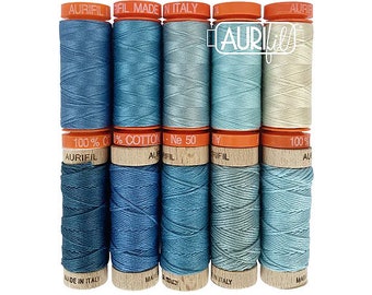 Aurifil Thread Kit - Indigo Designer Collections 10 Small Spools Cotton 50WT and AURIFLOSS Assorted Colors Made in Italy