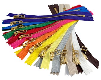 Sale 12pcs YKK#5 7" Golden Brass with Diecast Wire Bell Fancy Pull Metal Zipper Closed-End for Crafts or Handbag Made in USA (Random Colors)