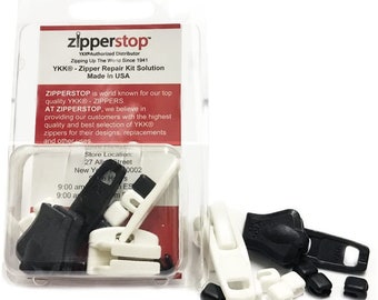 Kit de reparación de cremalleras YKK #10 Vislon, deslizador de plástico (blanco y negro), topes superiores