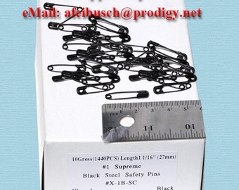 1 1/16inch Number 1 Safety Pins -  Black - 10 Gross(1440 PCS) - Hard to Find - Black Steel Safety Pins - Number X  1B  SC  - Size 27mm