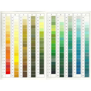 May include: A color chart with 20 rows and 10 columns of thread samples. The chart is labeled with letters A through J at the top and numbers 1 through 20 on the left side. The thread samples are arranged in a rainbow pattern, starting with red and ending with blue.
