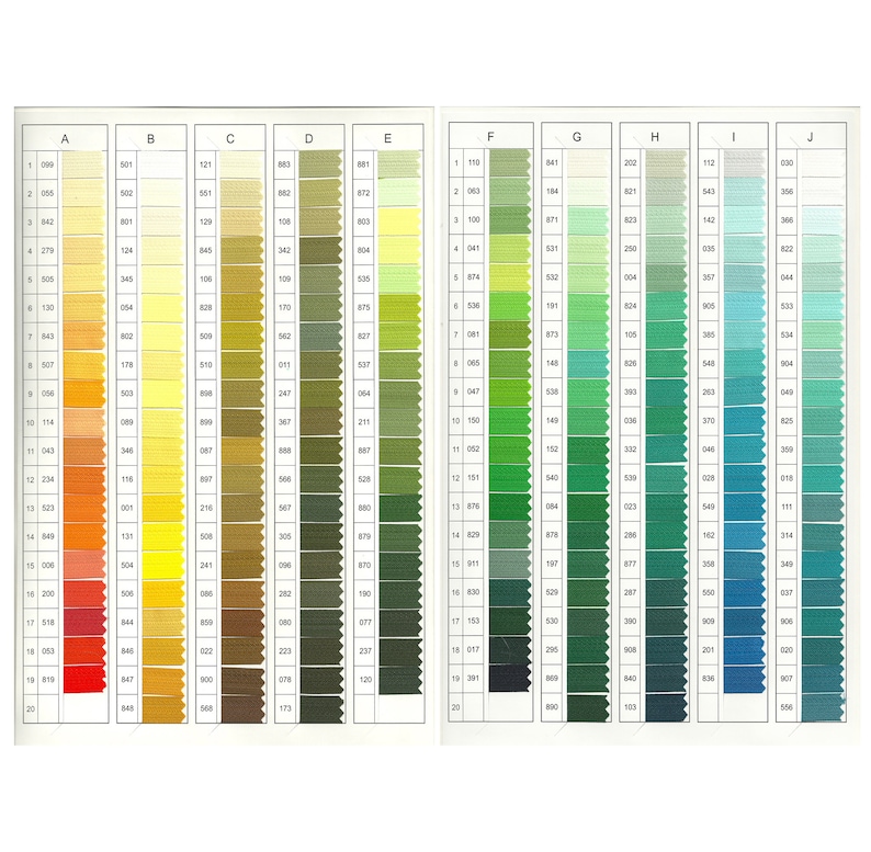 May include: A color chart with 20 rows and 10 columns of thread samples. The chart is labeled with letters A through J at the top and numbers 1 through 20 on the left side. The thread samples are arranged in a rainbow pattern, starting with red and ending with blue.