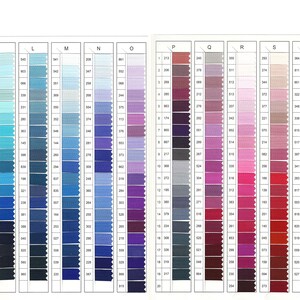 May include: A color chart with 20 rows and 10 columns of thread samples. The thread colors range from light blue to dark blue, purple, pink, and red. Each thread sample is labeled with a number.